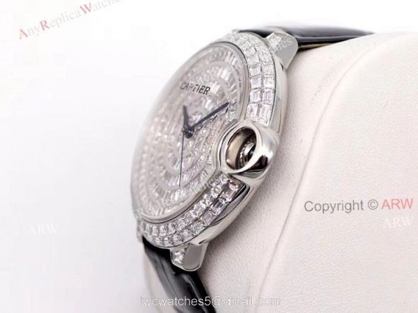 Iced Out Cartier Ballon Bleu 42mm Black Leather Strap Watch Replica 4