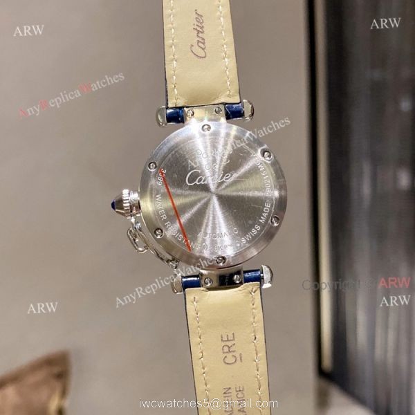 New Pasha De Cartier Watch 35mm white face blue leather strap replica 4