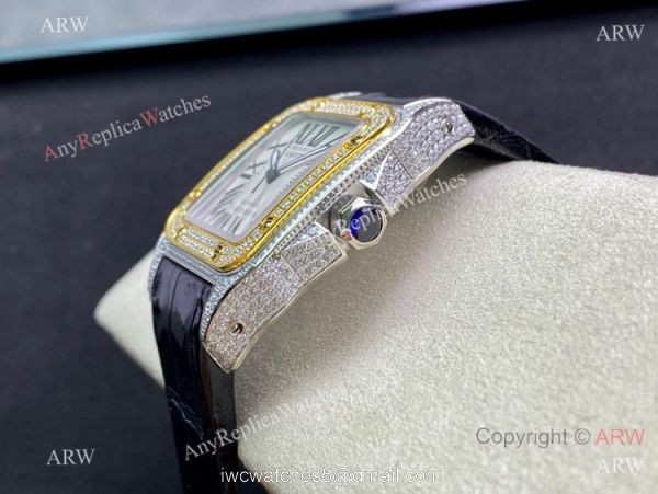 Swiss Quality Iced Out Cartier Santos De Watch Two Tone Sapphire Crystal 4