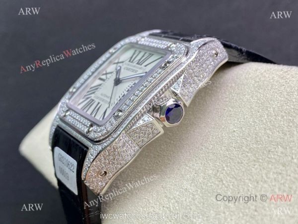 Swiss Quality Iced Out Cartier Santos De Watch Sapphire Crystal 4