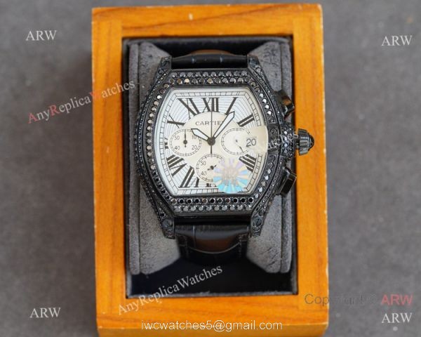 Iced Out Cartier Roadster All Black Watches Leather Strap 4