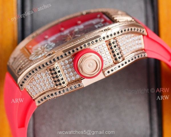(RM Factory) Knockoff Richard Mille Rm010 Rose Gold Skeleton Watch Red Rubber Strap 4