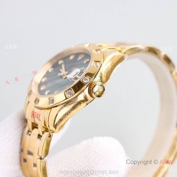 Swiss Replica Rolex Datejust Pearlmaster 81319 Watch Black Mother-Of-Pearl Yellow Gold 34mm 4