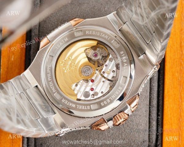Swiss Grade Patek Philippe Nautilus 40mm Watch 9015 Ultra-thin Full Diamond Dial 2-Tone Rose Gold 4
