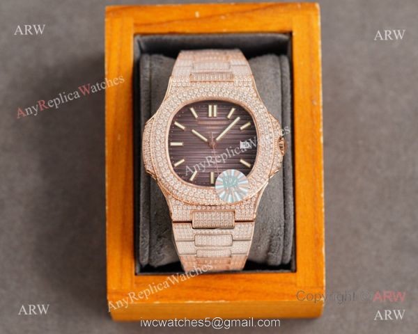 Swiss AAA Replica Patek Philippe Nautilus 9015 Ultra-thin Watch Rose Gold Iced Out Black Dial 40mm 4