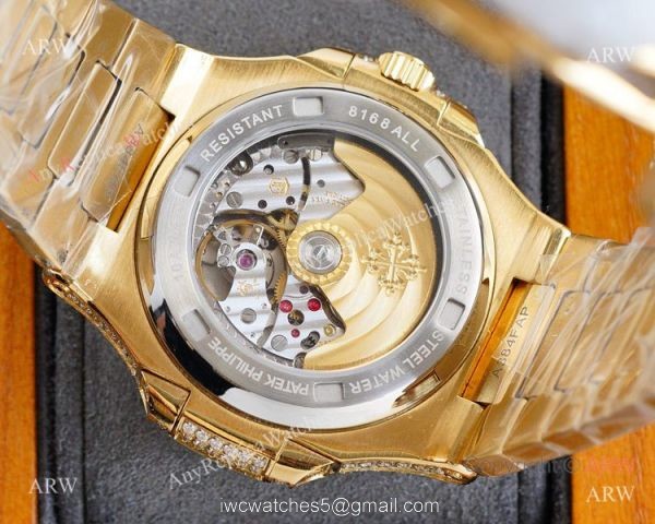 Swiss AAA Replica Patek Philippe Nautilus Iced Out Yellow Gold Watch 40mm 9015 Ultra-thin Movement 4