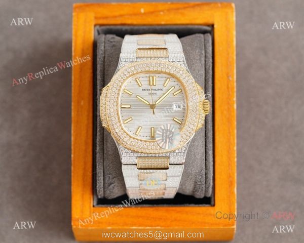 Swiss Replica Patek Philippe Nautilus 9015 Ultra-thin Watch Two Tone Iced Out Case 4
