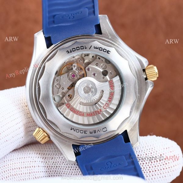 Swiss Quality Copy Omega Seamaster 300m Citizen Watch Two Tone Rose Gold Blue Rubber Strap 4