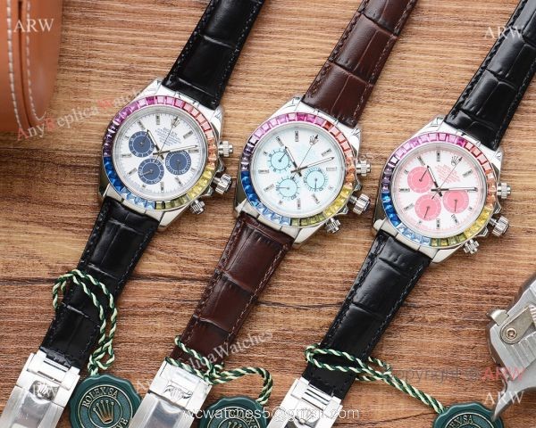 Fake Rolex Daytona Rainbow Watch Leather Band White Dial Japan-quartz 4