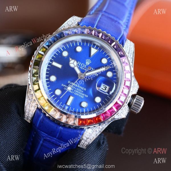 Top Replica Rolex Submariner Rainbow Bezel Red Leather Diamond Watch 4