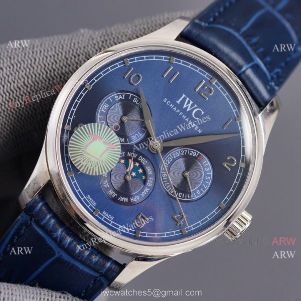 IWC Portuguese Moonphase 42MM Blue Face Arabic Leather Strap Watch 4