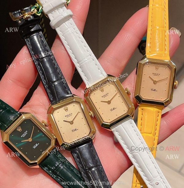 Replica Rolex Cellini 24MM Yellow Dial Gold Case Leather Strap Watch For Lady 4