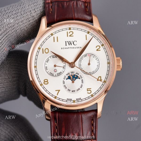 Fake IWC Portuguese Moonphase Rose Gold Case 42MM Brown Leather Strap Watch 4