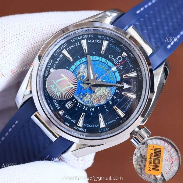 Swiss Quality Omega Aqua Terra Worldtimer Blue Rubber Watch 4