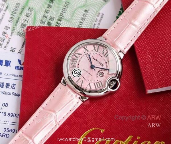 Copy Balloon Blue Cartier Wave Pink Dial V6 Watch with Pink Leather Strap 4