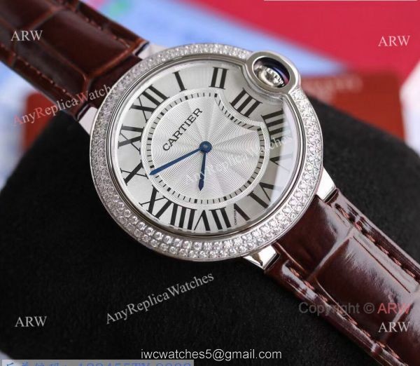 Replica V6 Cartier Balloon Blue Diamond Bezel White Face Watch Brown Leather Strap 4