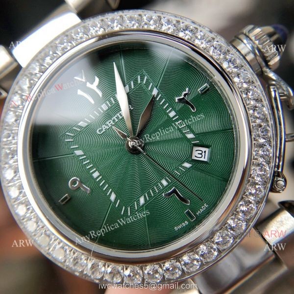 New Replica Cartier Pasha Diamond Bezel Deep Green Dial 316L SS Watch With Arabic Markers 4