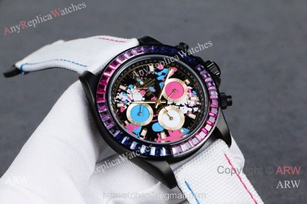 Rolex Daytona Rainbow Replica Watch Graffiti Dial White Leather Strap 4