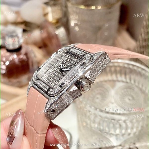 36mm Ladies Cartier Santos 100th Anniversary Full Diamonds Watch Swiss Replica 4