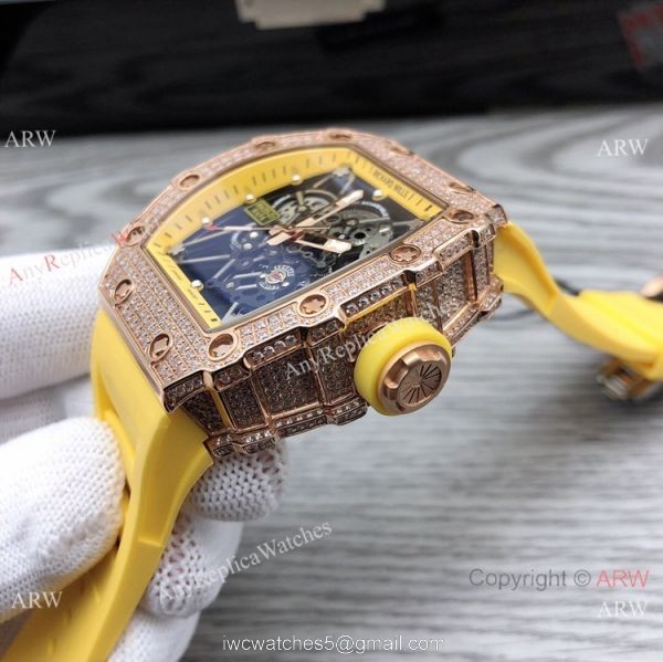 Swiss Quality Richard Mille RM35-01 Rafael Nadal Watch Rose Gold Diamond Yellow Rubber Strap 4