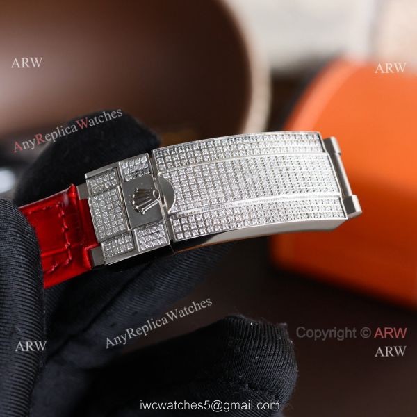 Rolex Submariner Diamond Bezel Red Face Leather Strap Citizen 8215 Watch 4