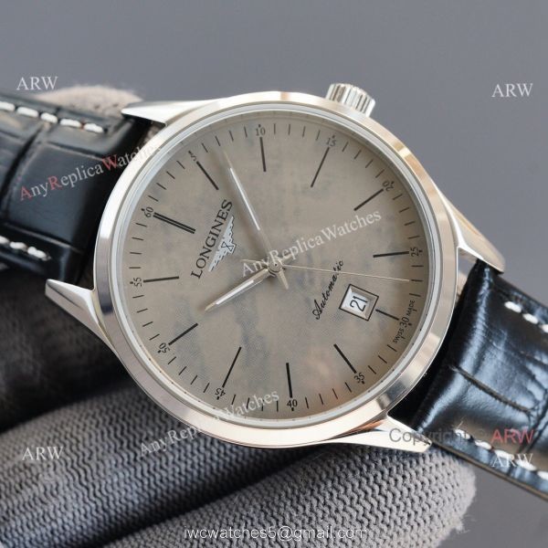 Replica Longines Elegant Gray Meteorite Texture Dial Black Leather Strap Watch 8215 Movement 4