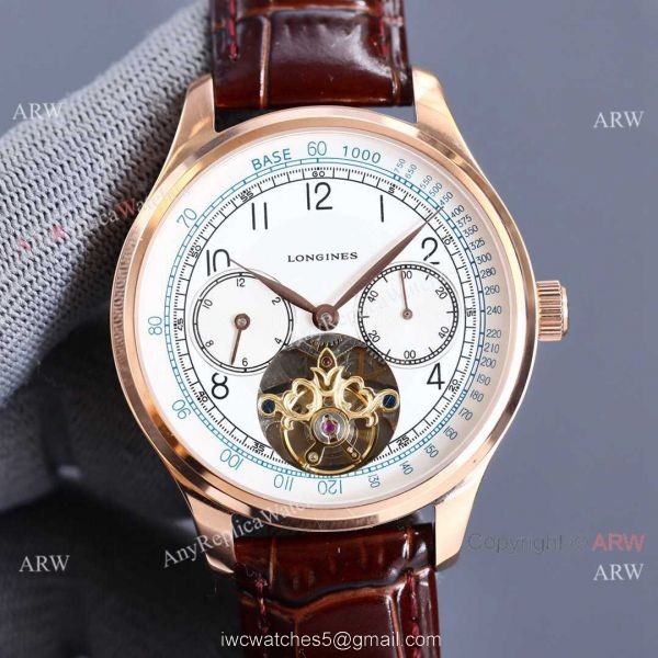 Copy Longines Master Tourbillon Rose Gold Case Black Face Leather 42MM Watch 4