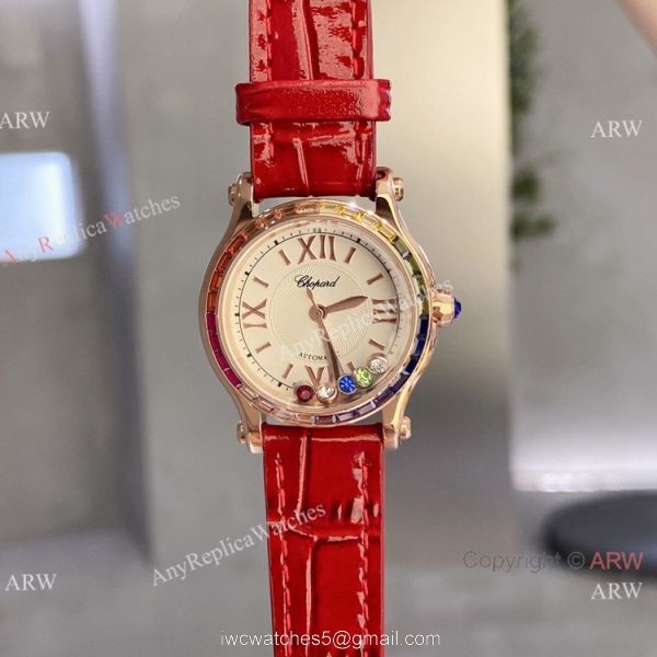 Replica Chopard Happy Sport Quartz 30mm Watch Rainbow bezel Rose Gold 4