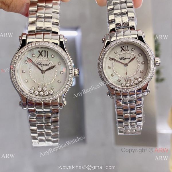 Faux Chopard Happy Sport Quartz Watch Pink Mop Dial Diamond Bezel 4