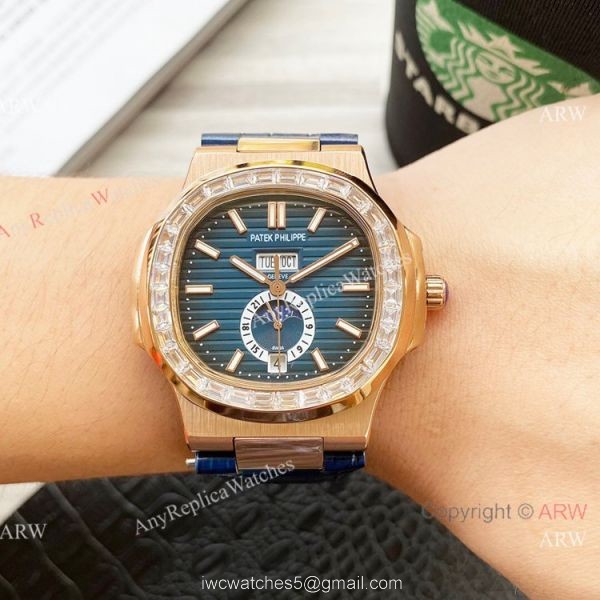 Clone Patek Philippe Annual Calendar Nautilus Watch Brown Leather Strap Diamond Bezel 4