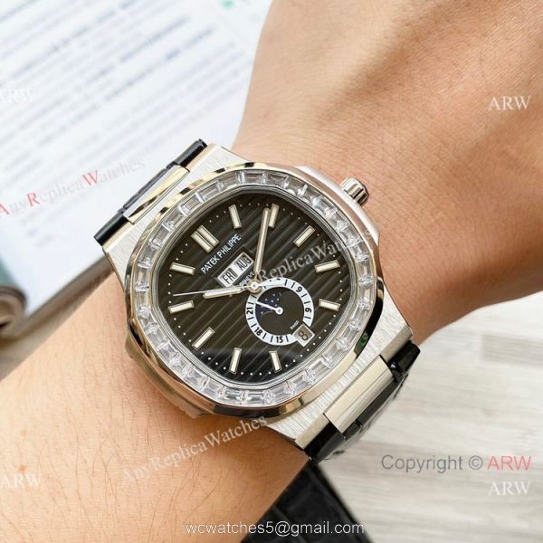 Clone Patek Philippe Annual Calendar Nautilus Watch Gray Dial Diamond Bezel 4