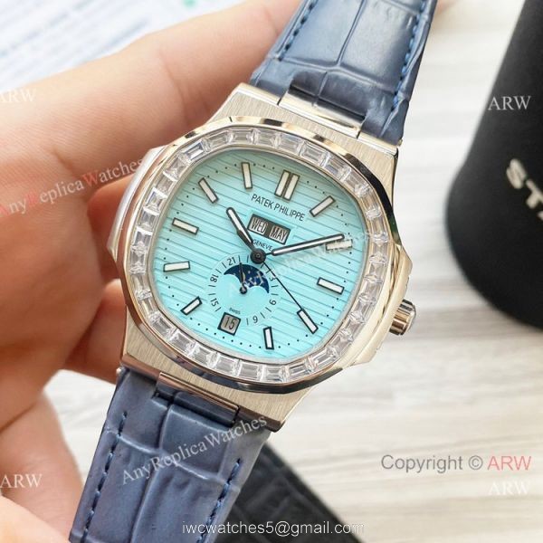 New Clone Patek Philippe Nautilus Annual Calendar Watch Baby Blue Face with Diamonds 4