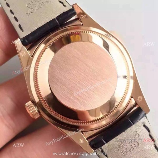 Swiss Copy Rolex Rose Gold Day Date Watch Silver Dial Black Leather Replica 5