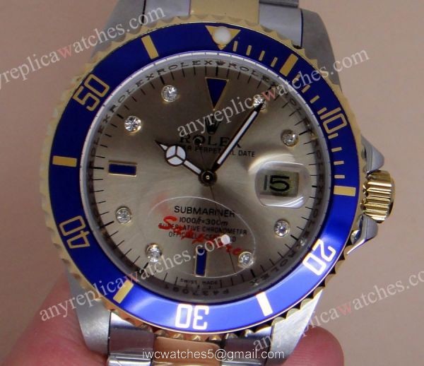 Classic Model Rolex 2-Tone Silver Diamond Face w/Blue Bezel Mens Watch 5