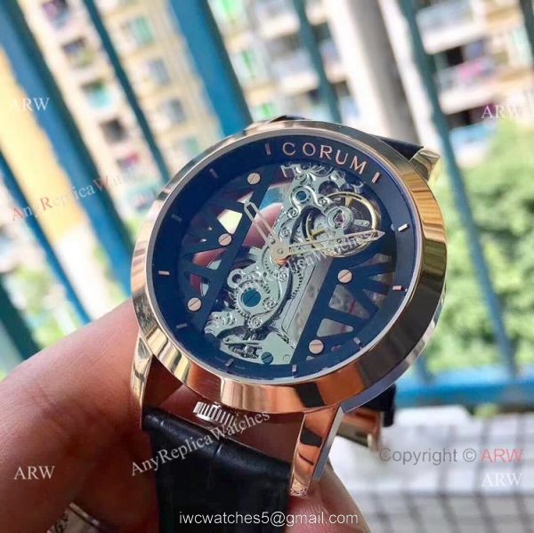 Corum Skeleton Golden Bridge Rose Gold Black Leather Strap Watch 5