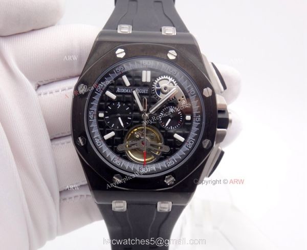 Replica 44mm Audemars Piguet Royal Oak Offshore Black Steel Tourbillon Watch 5