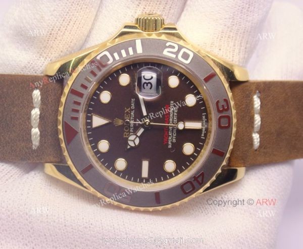 Replica Rolex Yachtmaster Yellow Gold Case Leather Strap Watch 5