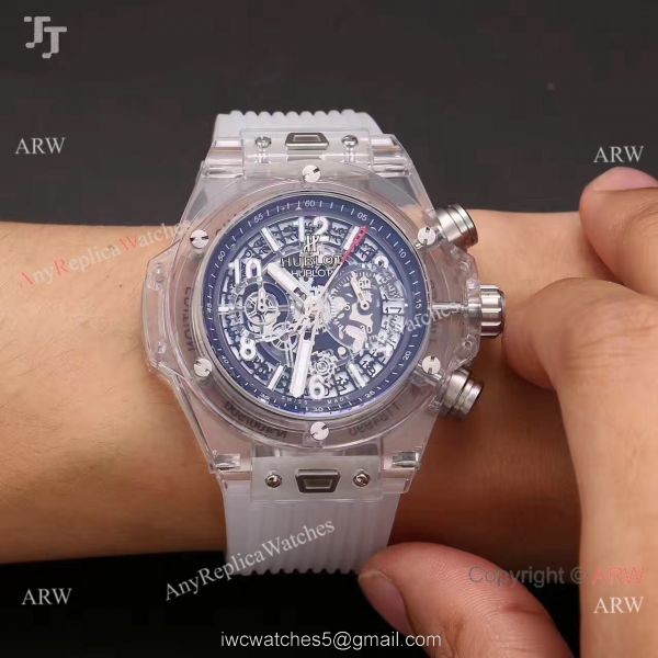 2018 Baselworld Hublot Unico Sapphire Replica White Rubber All Transparent Case Hublot Big Bang Watch 5