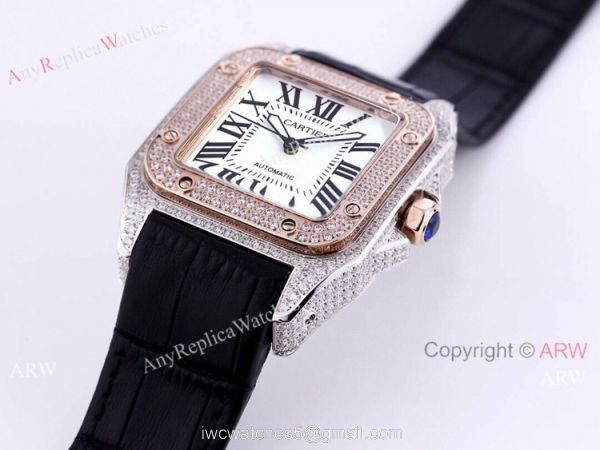 Iced Out Cartier Santos Automatic Watch Replica Two Tone Rose Gold 5