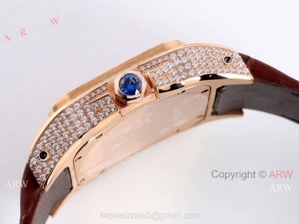 Iced Out Cartier Santos Diamond Watch Automatic Brown Leather Strap 5