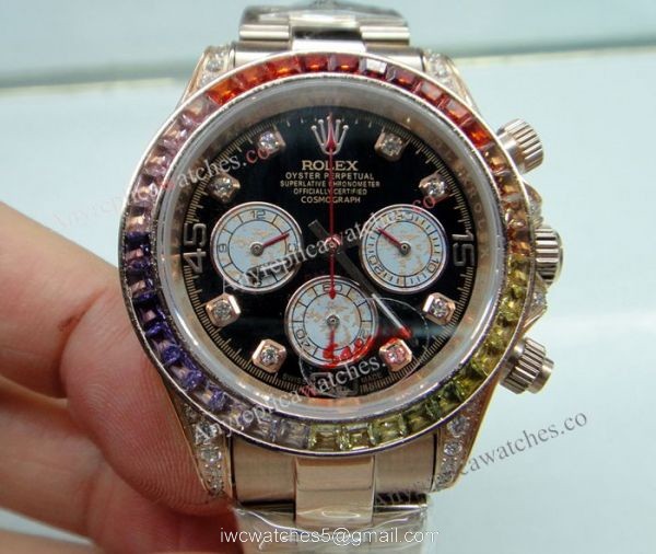 Replica Rolex Daytona Rainbow Watch Rose Gold Diamond Bezel Sapphire glass 5