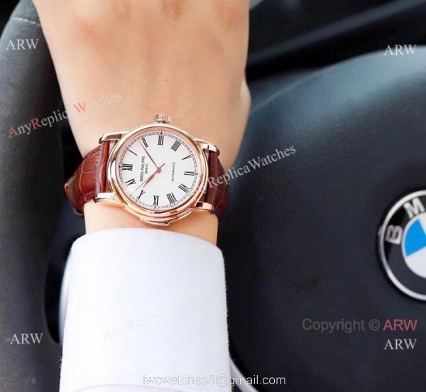 Clone Patek Philippe Calatrava Rose Gold Black Roman watch Simple Style 5