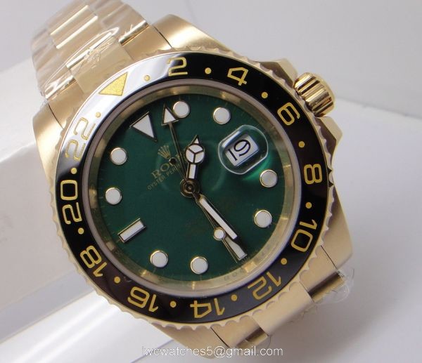 Replica Yellow Gold Rolex GMT-MASTER II Watch SS Green Face 5