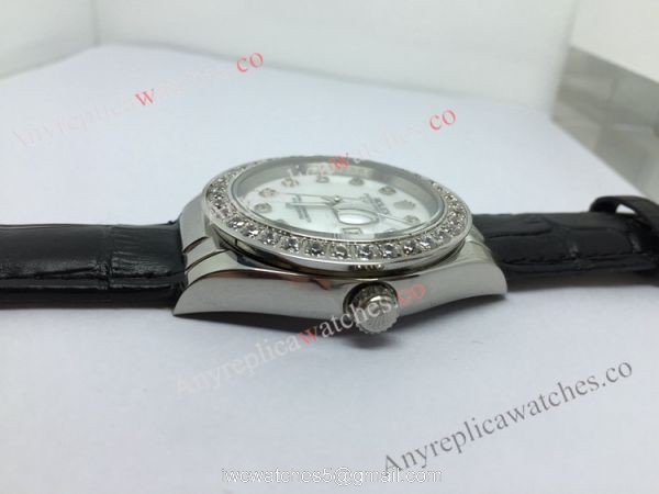 Rolex White MOP Face Diamond Bezel Black Leather Band Watch 5