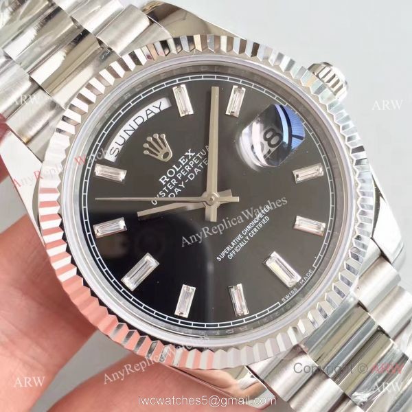 Rolex Day-Date II Watch Replica Stainless Steel Black Face Diamond Markers 5