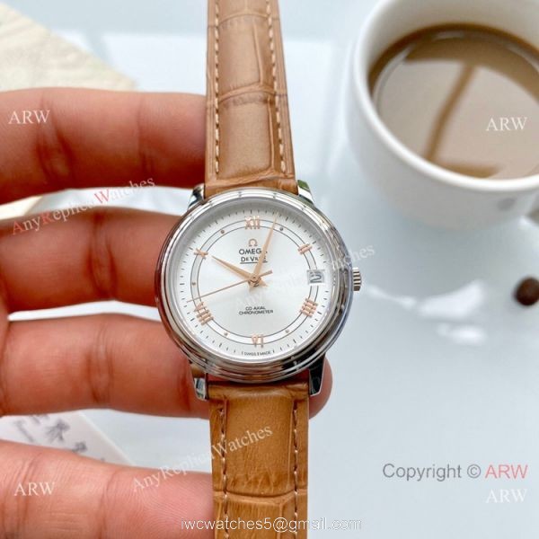 Clone Omega De Ville Prestige Ladies Watches Brown Leather Strap 5