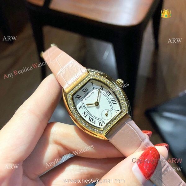Low Price Cartier Rose Gold Gray Leather Band Ladies Watch 26mm 5
