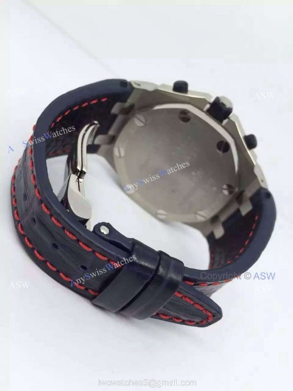 Swiss Audemars Piguet White &038; Blue Chronograph Black Leather Watch 5