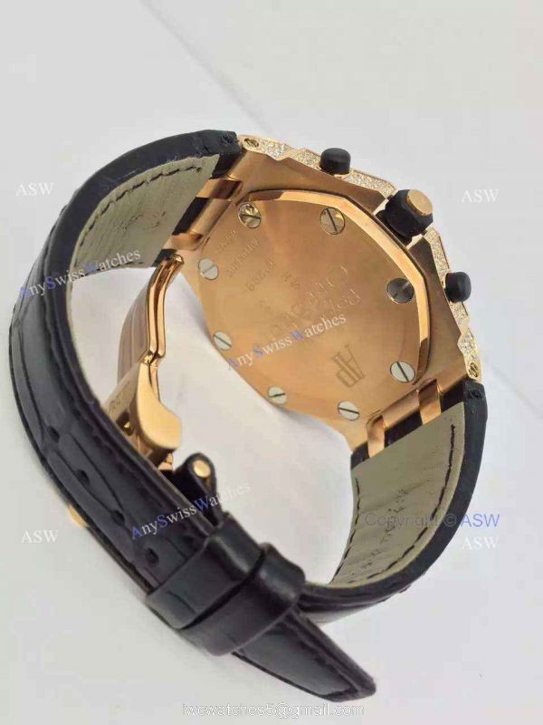 Replica Audemars Piguet Watch Rose Gold Case diamond dial diamond bezel Black Leather 5