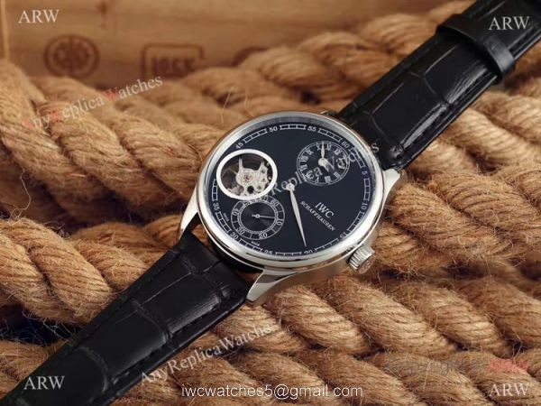 High Quality Replica IWC Tourbillon Portuguese SS Black Leather Watch 5
